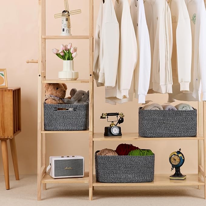 MiniArk Large Storage Baskets for Shelves, 17 x 13 x 7.5” Closet Organizers Bins for Clothes Blanket Towels, Baby Nursery, Toy Baskets Box, Woven Rope Baskets, 2 Packs Dark Gray - Image 3