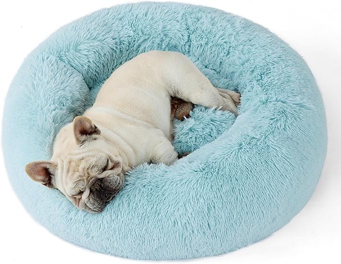 Bedsure Calming Dog Bed Medium Size Dog Donut Washable Pet Bed,30ins | Fluffy Faux Fur Round Cuddler,Machine Washable,Anti-Slip Bottom,Anti-Anxiety,Deep Sleeping for Pets Up to 45 Lbs,Aqua Blue by Unknown
