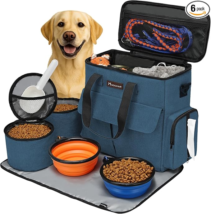 Modoker Weekend Dog Travel Bag Set with 2 Food Bags, 2 Bowls and Mat,Blue | Dog Travel Accessories Organizer for Camping and Road Trips with Roomy Storage, Multiple Pockets and Water-Resistant Oxford by Modoker
