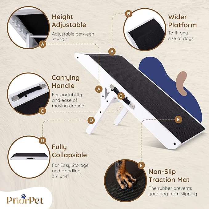 Dog ramp for Couch – Non-Slip, Sturdy Build Foldable Dog ramp – Supports up to 200lbs – Adjustable 7'' to 20'' – Landing Platform Seamlessly Connects – Birchwood Pet Ramp for Small Dogs – White