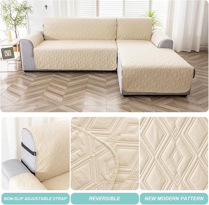 Genina Waterproof L Chaise Sectional Cover for Kids Pets (Beige, Small) | Reversible Design,Anti-Slip Fit,Blocks Pet Hair and Scratches,Stain-Resistant & Easy Install,Machine Washable - Image 5