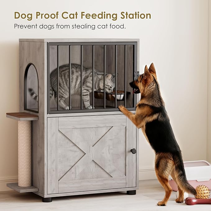 Dog Proof Cat Feeding Station, Dog Proof Cat Feeder, Cat Food Table, Gray | Cat Feeding Station with Scratching Post, Elevated Cat Food Bowls with Stand, Pet Food Storage Cabinet, Cat House - Image 6