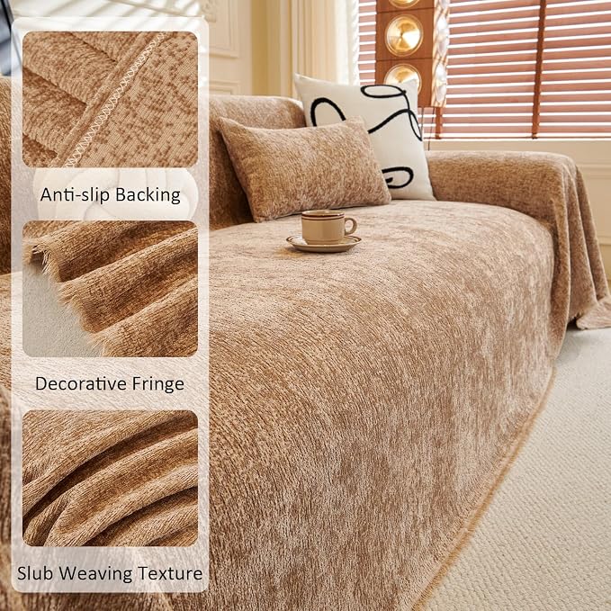 Khaki Luxury Slub Chenille Sofa Cover Couch Cover, XL 71"x134" | for Sectional Sofa, Modern Durable Tan Slipcover for Dogs Pets Large Furniture Protector 3 Cushiond Sofa Cover - Image 4