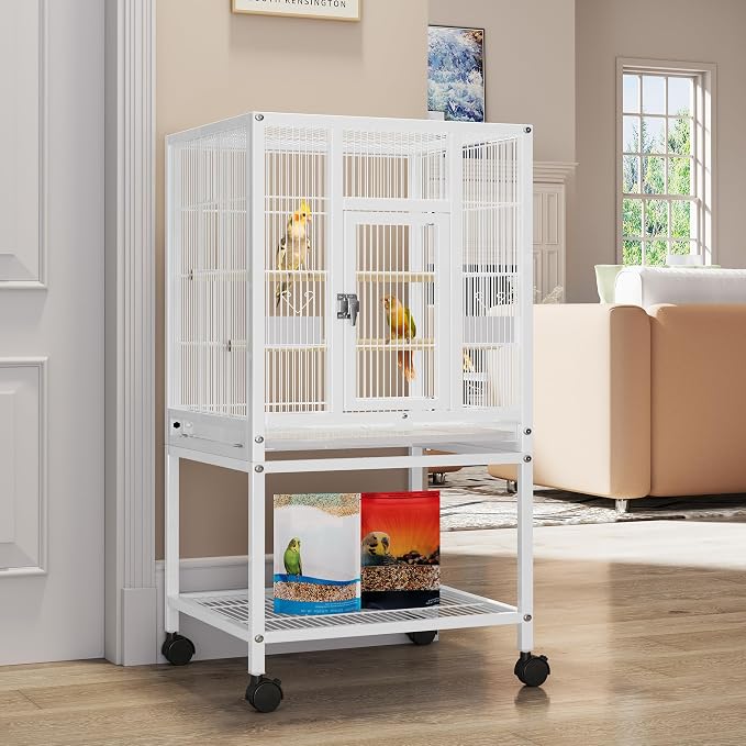 YITAHOME 41 inches Metal Bird Cage for Parakeets: Large Parrot Cages with Tray, Food Boxes, and Wooden Perches with Rolling Stand & Brakes for Lovebirds Cockatiels Pigeon Finches, White - Image 7
