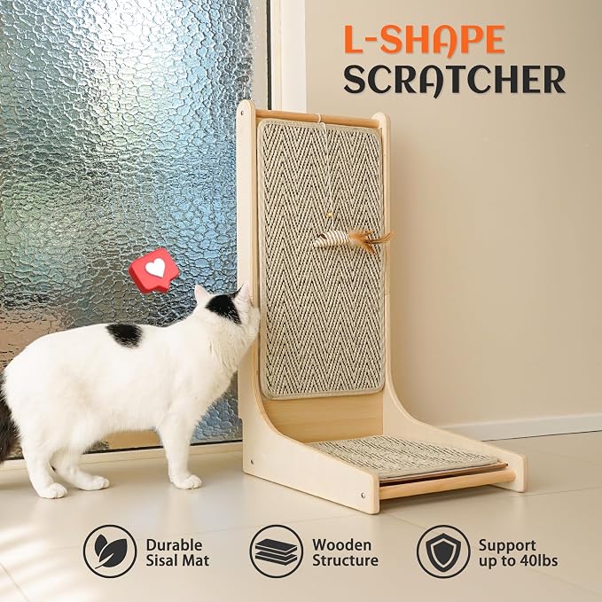 PETKARAY Cat Scratcher, Sisal Cat Scratch Pad, L Shape Scratching Board for Indoor Kitty, Floor Mounted Scratcher with Mouse Toy Catnip - Image 5