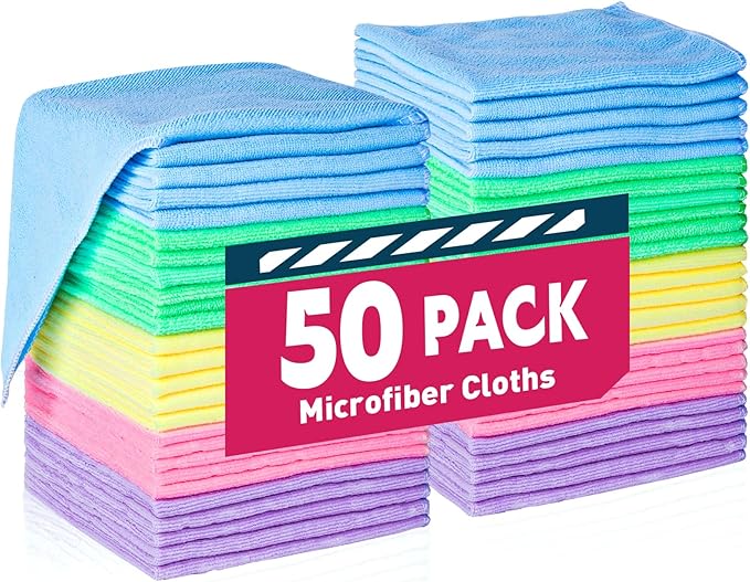 TEAWOO Microfiber Cleaning Cloths-50 Pack, Microfiber Towels Bulk | Cleaning Towels for Cars & Home, Cleaning Rags, 5 Colors Assorted (12x12 inches) by TEAWOO