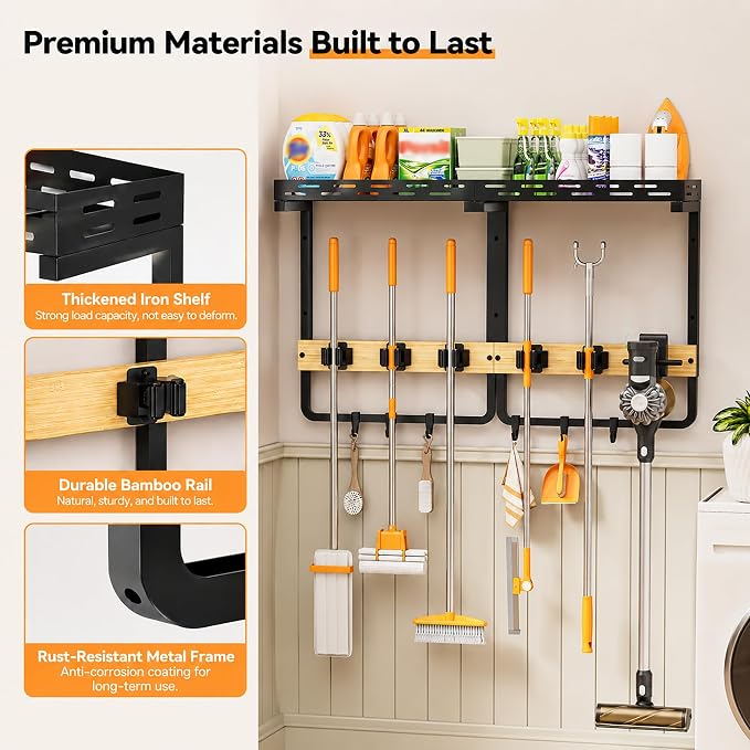 Large Broom Mop Holder Wall Mount with Shelf,5 Grips,6 Hooks,Vacuum Hook | 3-in-1 Cleaning Supplies Organizer,Broom Organizer,Top Shelf with Railing,Storage Rack for Laundry Utility Garages Kitchens, - Image 4