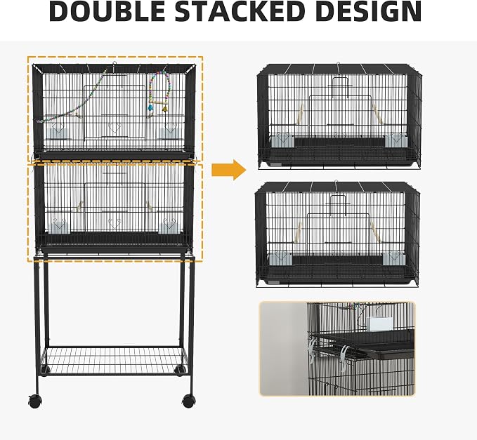 PawHut Double Stackable Bird Cage with Stand for Canaries, Lovebirds | Wooden Swing, Rope Ladder & Wheels, Budgie Cage, Storage Shelf, Removable Tray, Wooden Perches & Food Containers, Finches - Image 6