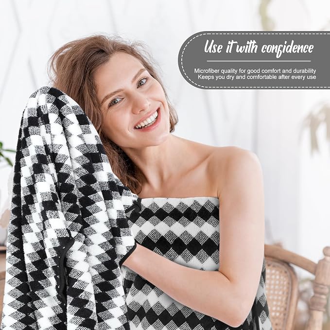 SmoothNovelty 16 Pack Microfiber Bath Towels Bulk 27'' x 60'' Oversized Size Bath Towel Highly Absorbent Extra Large Soft Drying for Beach Shower Summer Salon Sport Gym Party (Grid,Black) - Image 5