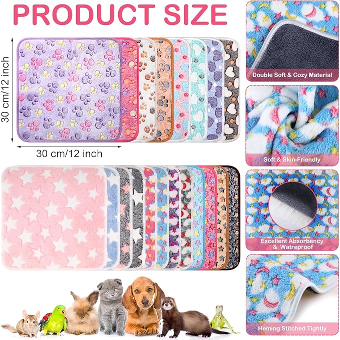 Newwiee 20 Pcs Waterproof Small Pet Fleece Blanket Bulk Washable Small Animal Cage Bedding Guinea Pig Puppy Dog Cat Pee Pad Liner Accessories(Assorted,12 x 12 Inch) - Image 2
