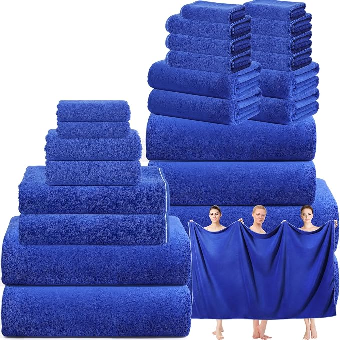 Mixweer 24 Piece Microfiber Absorbent Towel Set: 2 Oversized Bath Sheets, 4 Bath Towels, 6 Hand, 8 Washcloths, 4 Fingertip for Bathroom Spa Gym Camping Beach (Navy Blue) - Image 2