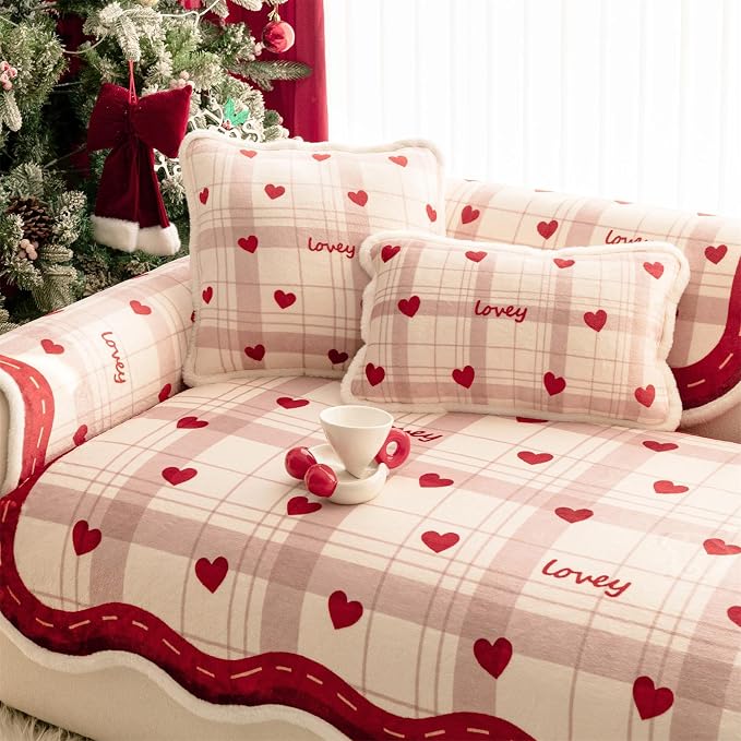 Cmfshape Valentine's Day Velvet Sofa Slipcover-Romantic Heart Pattern,Pet Friendly Couch Covers for 3 Cushion Sofa,Washable Sofa Protector for Holiday,Lover,Anti-Slip,70.9"x27.6" - Image 3