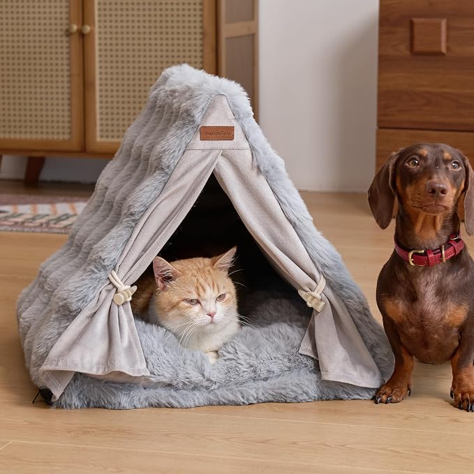 FUKUMARU Cat Cave Bed, Sturdy Frame Washable Cat Tent Bed with Curtain | Semi-Enclosed Cat Hideaway for Anxious Cats, Large Cozy Cat House for Indoor Cats, Soft Plush Covered Dog Bed, Grey - Image 9