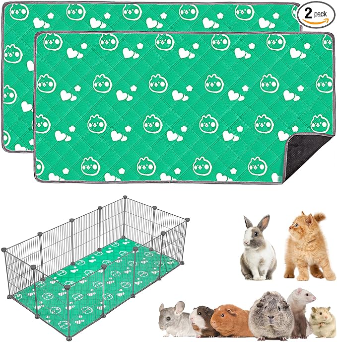 2 Pack Guinea Pig Bedding - Washable Guinea Pig Liners for C&C 2x4 Cage, Waterproof Reusable & Anti Slip Pee Pads Super Absorbent Mats for Small Animal Rabbit Hamster Rat (Green, 57 x 28 Inch) by Mooydee