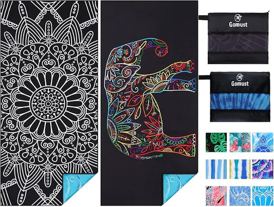 Microfiber Beach Towel Oversized 71x32, Thin, Black with Bag 2 Pack | Lightweight Sand Free Absorbent Quick Dry Compact Extra Large for Adult Travel Camping Pool Swim Bath Cruise Essentials Gift by Gomust