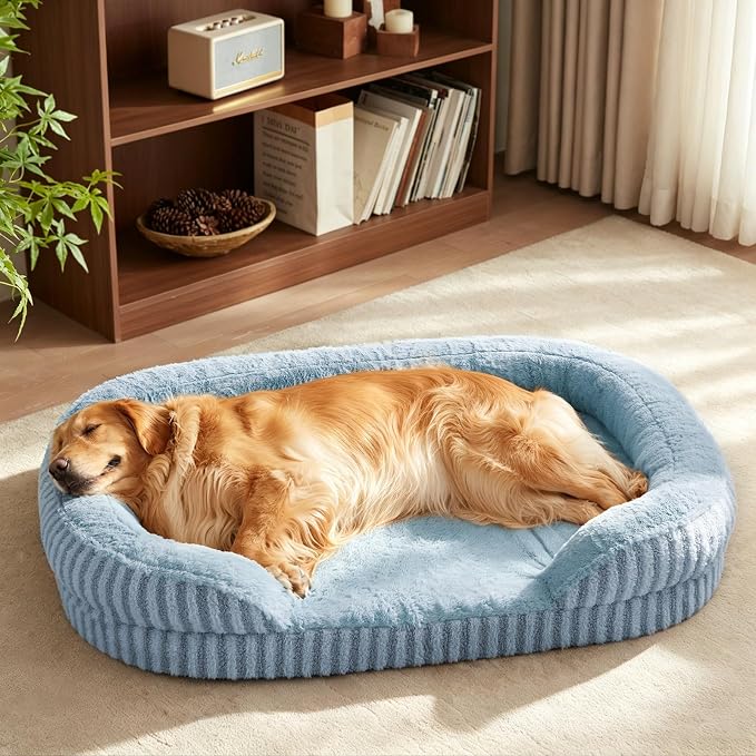 MIXJOY Orthopedic Dog Beds Large Sized Dog,Extra Large Washable Dog Bed Waterproof Oval Dogs Bed with Removable Cover,Egg-Crate Foam Big Pet Bed Couch with Bolster,Non-Slip Bottom,XL 42"X32",Blue by MIXJOY