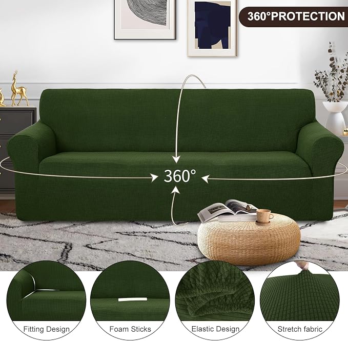 U-NICE HOME 4 Seater Stretch Couch Cover for 3 Cushion Sofa, Bronze Green | 1-Piece Sofa cover, Washable, Pet friendly, Furniture protector, Polyester Spandex Jacquard fabric - Image 3