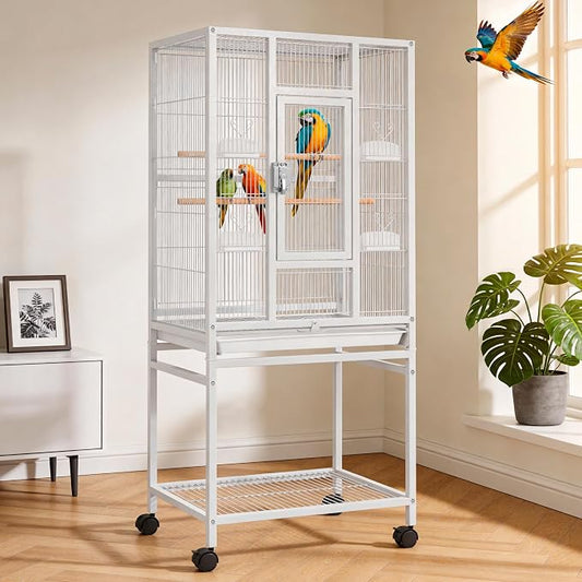 DWVO 53.9-Inch Metal Bird Cage: Large Parrot Cages with Seed Catcher & Cover - Rolling Stand with Brakes for Parakeets, Lovebirds, Cockatiels, Finches and Pigeons by DWVO