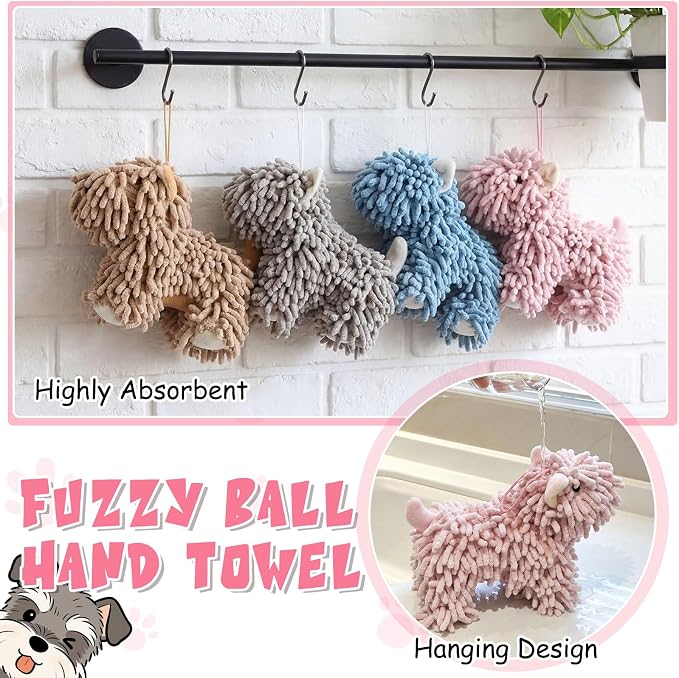 Tegeme 4 Pcs Chenille Dog Hand Towel Fuzzy Towel Absorbent Microfiber Soft for Bathroom Kitchen Washstand (Gray Brown Pink Blue,Standing Dog) - Image 4