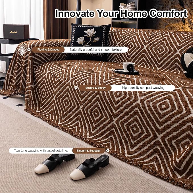 ROOMLIFE Couch Cover 3 Cushion Sofa, Washable Non Slip Furniture Sofa Protector Cover, Soft Chenille Sofa Slipcovers Sectional L Shape Dogs Couch Cover Throw Blanket with Tassels 71''X150'' - Image 3