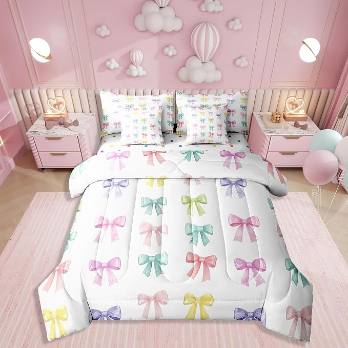 Erosebridal 7 Piece Bowknot Kids Comforter Set Full Bed in a Bag,Cartoon Rainbow Bowknot Bedding Set for Kids Children Teens,Geometric Bow Tie Duvet Insert,Kawaii Princess Style Sheet Set Room Decor by Erosebridal