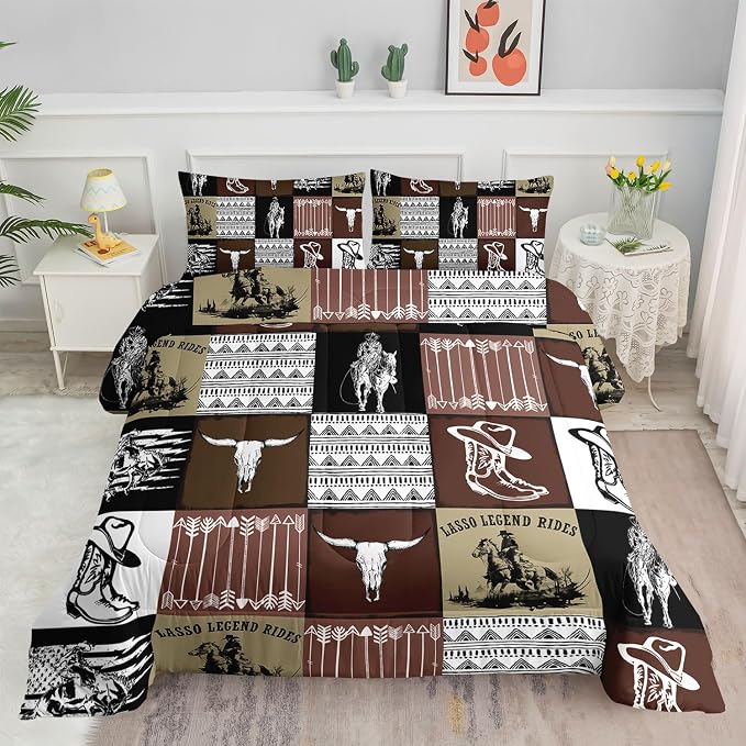Western Cowboy Comforter Set Bull Skull Horse Printed Bedding Set with 1 Comforter and 2 Pillowcases for Boys and Girls Bedroom All Season(Cowboy-2 Twin) by SmellSunshine