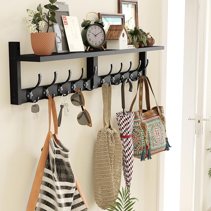 AMBIRD 34.2" Extra Long Wooden Wall Hook Rack with Shelf - Versatile and Decorative Wall-Mounted Storage with 10 Hooks for Coats, Hats, Keys - Ideal for Entryways, Bedrooms, Closets (Stylish Black) - Image 2
