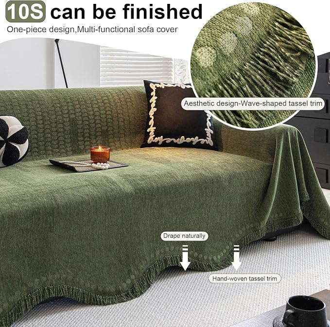 ROOMLIFE Green Couch Cover Sofa Covers, Chenille Couches Covers for 3 Cushion Sofas, Non Slip Soft Breathable Sofa Slipcovers for Pet, Washable Furniture Protector with Tassel,71''X134” - Image 3