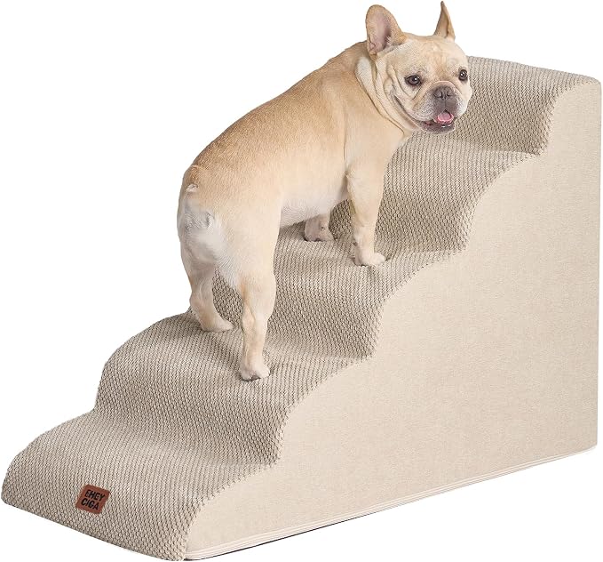 EHEYCIGA Curved Dog Stairs Ramp for High Beds 22.6" H, 5-Step Dog Steps for Small Dogs and Cats, Pet Stairs for High Bed Climbing, Non-Slip Balanced Pet Step Indoor, Beige - Image 9