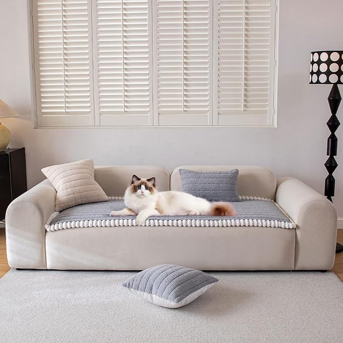 STACYPIK Light Gray Dogs Couch Cover, Thick Non Slip Sofa Cover for 2 Cushion Couch, Washable Fuzzy Pet Friendly Geometric Furniture Protector, Multi-use Dog Mat for Couches and Sofas-27.6x59.1IN - Image 2
