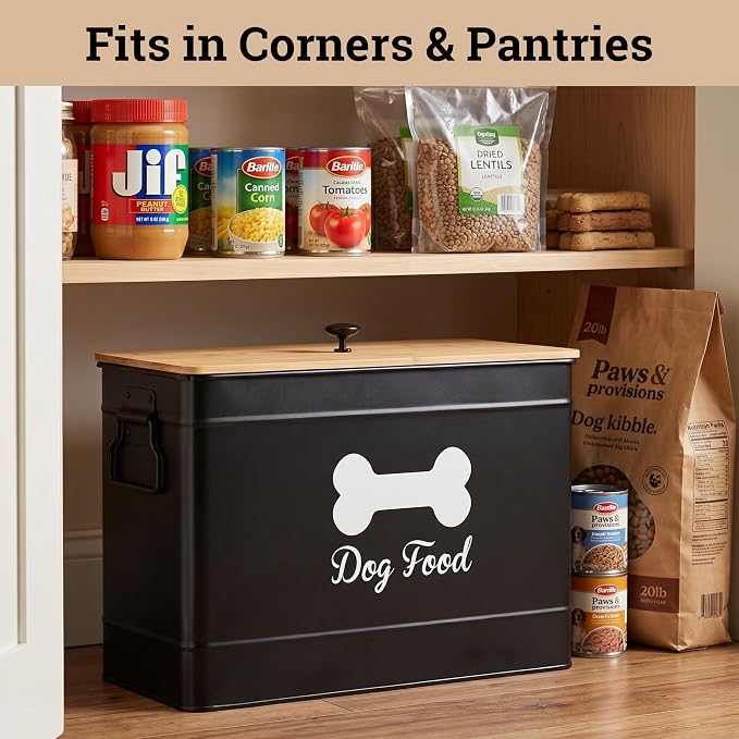 Metal Dog Food Container 15-20 lbs w/ Airtight Bamboo Lid, 70 Cup Capacity | Pet Jar For Dogs up to 100lbs, Airtight Bamboo Lid, Sturdy Comfortable Metal Handle, Powder Coated Iron, Kibble Storage Bin - Image 7