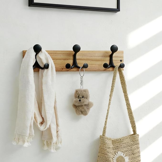 SKOLOO 17-Inch Wood Coat Rack Wall Mount with 3 Triple Hooks - Ideal for Family Entrances, Classrooms, and Pet Supplies Storage - Perfect Coat Hooks for Wall, Black on Natural - Image 2