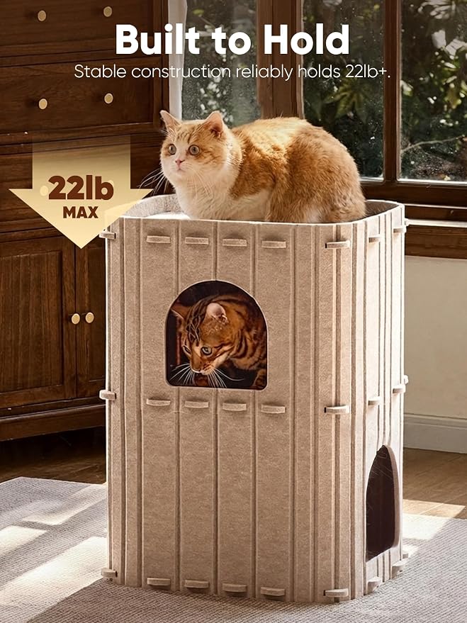 FUKUMARU Cat House for Indoor Cats, Warm Felt Cat Bed, Scratch Resistant | Large Cat Bed Cave, 3-in-1 Cat Condo, Cozy Felt Covered Cats Tunnel, 23.62 Inch Kitten Hideaway for Multicats, Beige - Image 7
