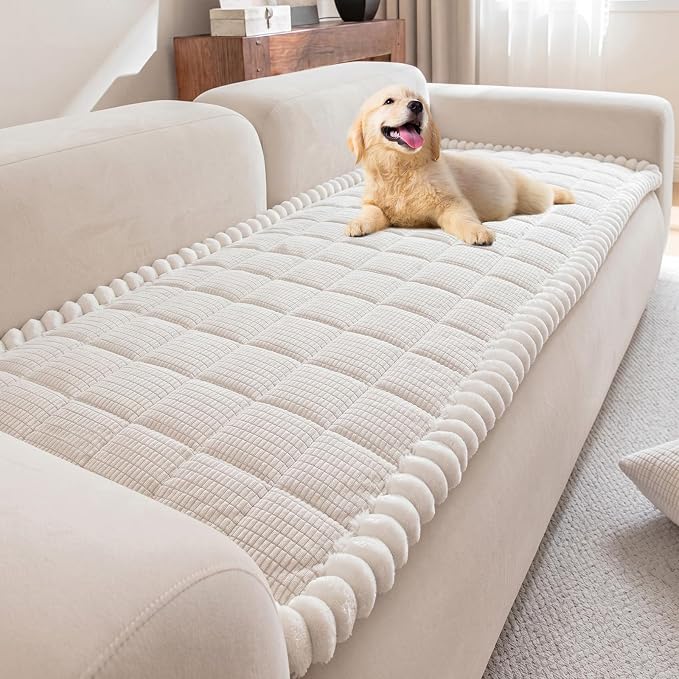 KRFOONN Couch Cover for Dogs Washable Pet Couch Covers for 3 Cushion Sofas Non-Slip Dog Sofa Protectors Cushion Covers Soft Sofa Slipcovers Cushion Protector for Pets (Style B-Beige, 27.6" x 70.9") by KRFOONN