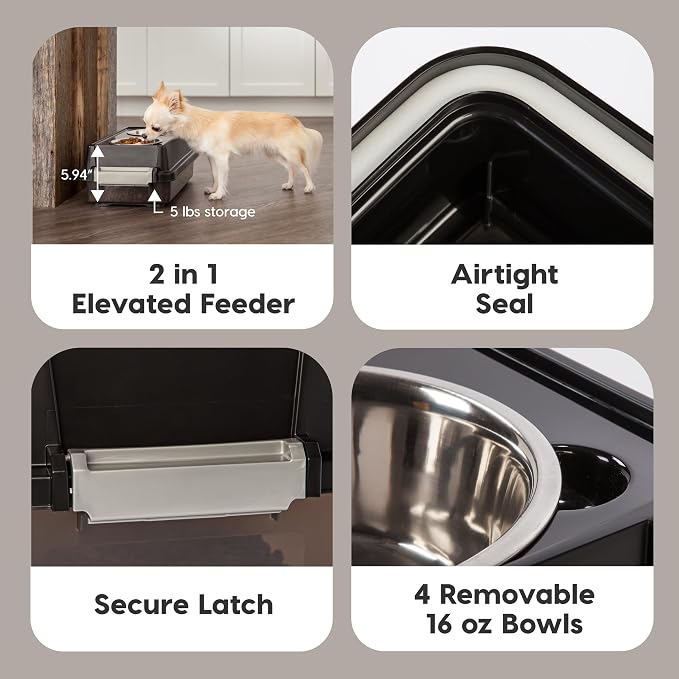 IRIS USA Elevated Dog Bowls with Storage, 6" H Raised Feeding Station, Dog Bowl Stand with Airtight Food Storage Holds 5 lbs, 4 Removable 16 oz Stainless Steel Food and Water Bowls, Smoke/Black - Image 3