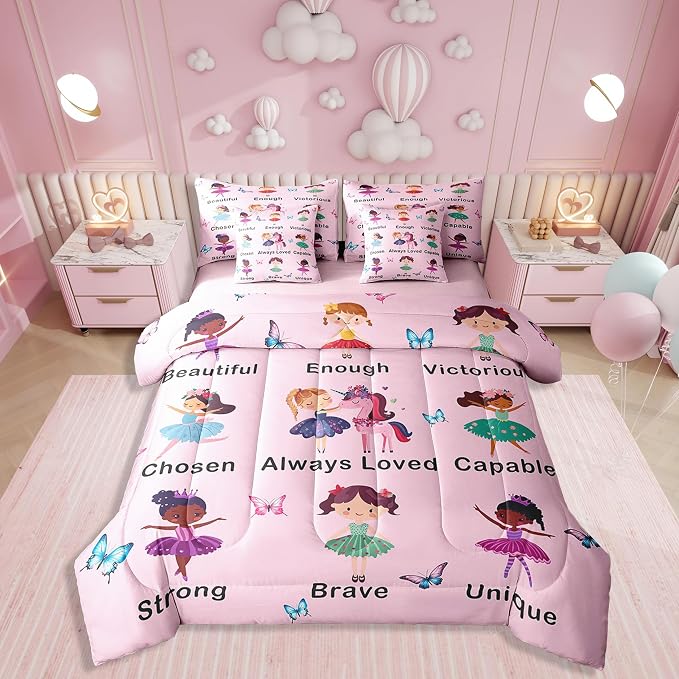 Erosebridal 7 Piece Girls Pink Princess Kids Comforter Set Queen Bed in a Bag,Ballet Bedding Set,Dancing Girls Inspirational Duvet Insert,Dreamy Princess Style Sheet Set,Butterfly Unicorn Quilt by Erosebridal
