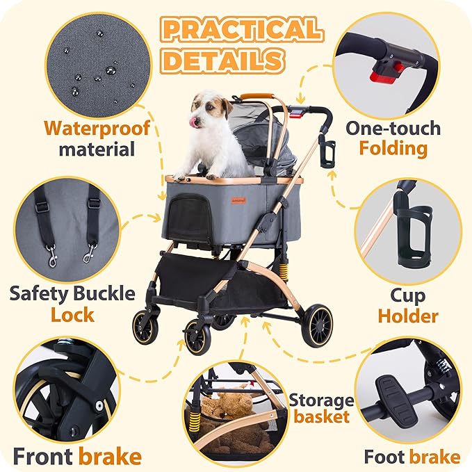 Pet Stroller for Small Dogs, Lightweight Small Dog Stroller for Dogs Cats with 6 Shock Absorption System, Detachable Carrier Suitable for Car Seat & Hand Carry, Safe Outings, Gray