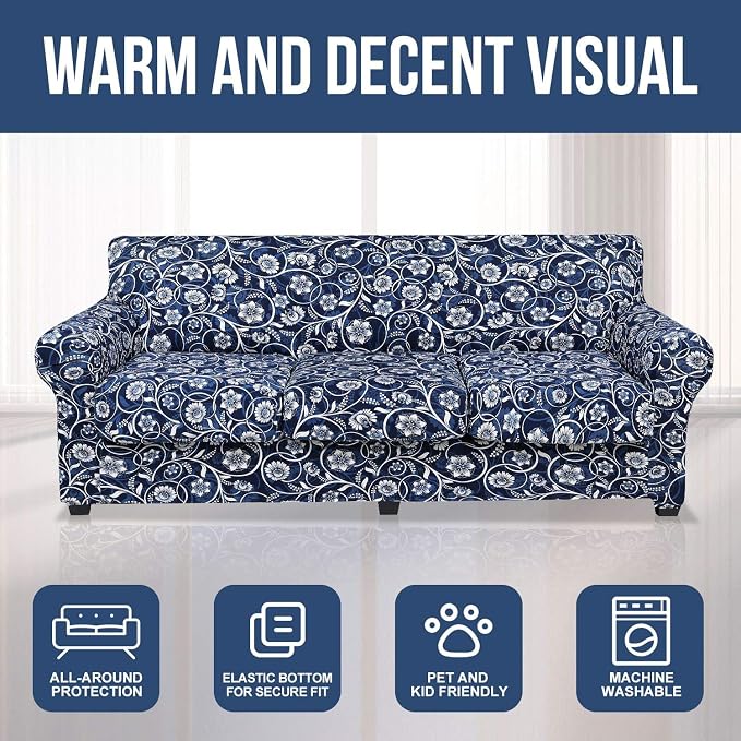 hyha Stretch Couch Covers, Sofa Cover for 3 Cushion Couch Pet Friendly | Floral Pattern, Printed, 4 Pieces, 3 Separate Cushion Sofa, Durable Anti-slip Washable Protector with Elastic Bottom for Dogs - Image 8