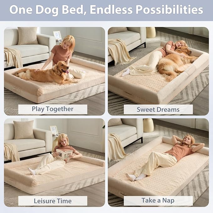 BFPETHOME Orthopedic Washable Human Dog Bed for Adult & Dog Cozy Sleep | Human Size Waterproof Big Soft Pet Couch Bed for Adult & Dogs Relax with Removable Cover Supportive Foam Beige 61x43 Inch - Image 4