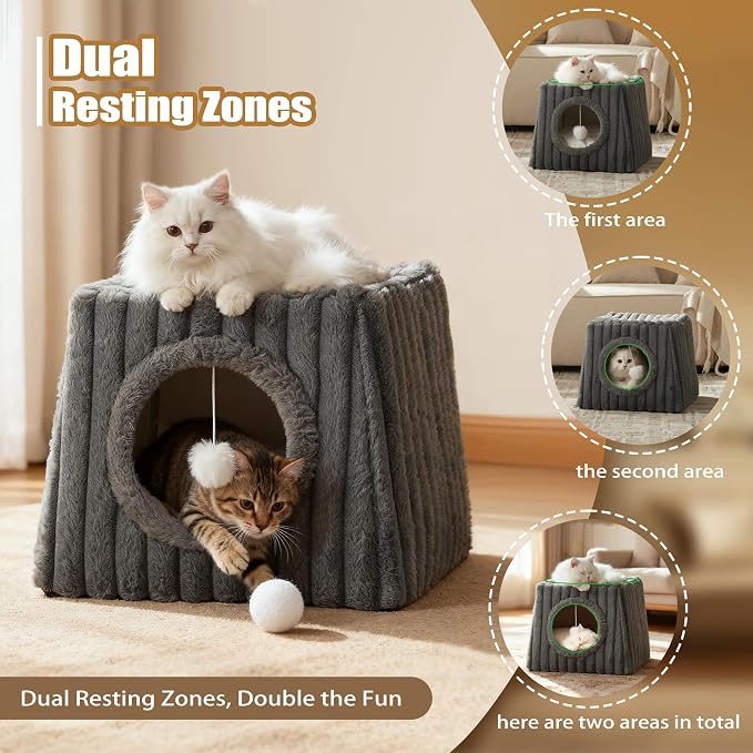 Indoor Cat House - Large Cat Cave Bed with Fluffy Balls, Foldable Cat Bed Cave and Apartment with Pads, Suitable for Multiple Small and Large Cats, 15.74x13.7x13.7inches(Deep Grey, Large) - Image 3