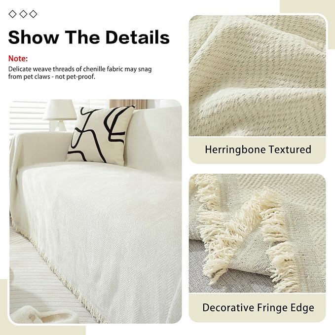 DREAMINGO Modern Minimalism Cream White Couch Cover Sectional Sofa Covers for 3 Cushion Couch Washable Chenille Pet Couch Protector for Dogs Boho Herringbone Sofa Furniture Slipcover, 71"x150" - Image 4