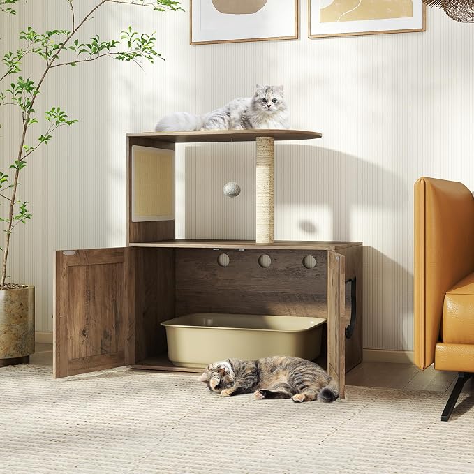 Tangkula Cat Tree with Litter Box Enclosure, Hidden Litter Box Cat Tower with Sisal Scratching Post & Mat, Dangling Ball, Vented Holes, Farmhouse Cat House Washroom (Oak Gray) - Image 2
