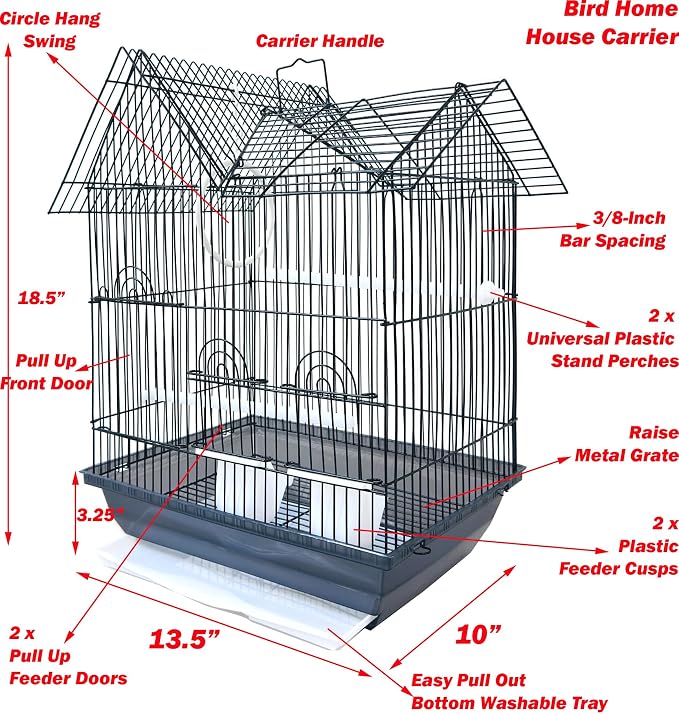 Portable Hanging Small Medium Flight Bird Small Parrot House Home Travel Bird Carrier Cage for Cockatiel Parakeet Parrotlet Finch Canary Budgie (Black, Portable Hanging Travel Carrier) - Image 3