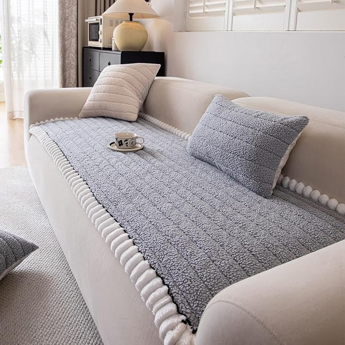 STACYPIK Light Gray Dogs Couch Cover, Thick Non Slip Sofa Cover for 3 Cushion Couch, Washable Fuzzy Pet Friendly Geometric Furniture Protector, Multi-use Dog Mat for Couches and Sofas-27.6x70.9IN - Image 7