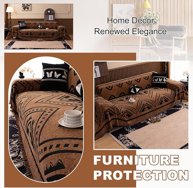 ROOMLIFE Dark Brown Couch Cover 3 Cushion Sofa, Washable Non Slip Furniture Sofa Protector Cover, Soft Chenille Sofa Slipcovers Sectional L Shape Dogs Couch Cover Throw Blanket with Tassels71''X150'' - Image 5