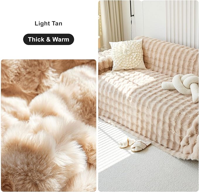 Soft Warm Light Tan Plush Sofa Cover Premium Faux Fur Couch Cover | Solid Non Slip Fluffy Sofa Slipcovers Washable Furniture Protector for Kids, Dogs, L Shaped Sofas, Large, 71''x118'' - Image 5