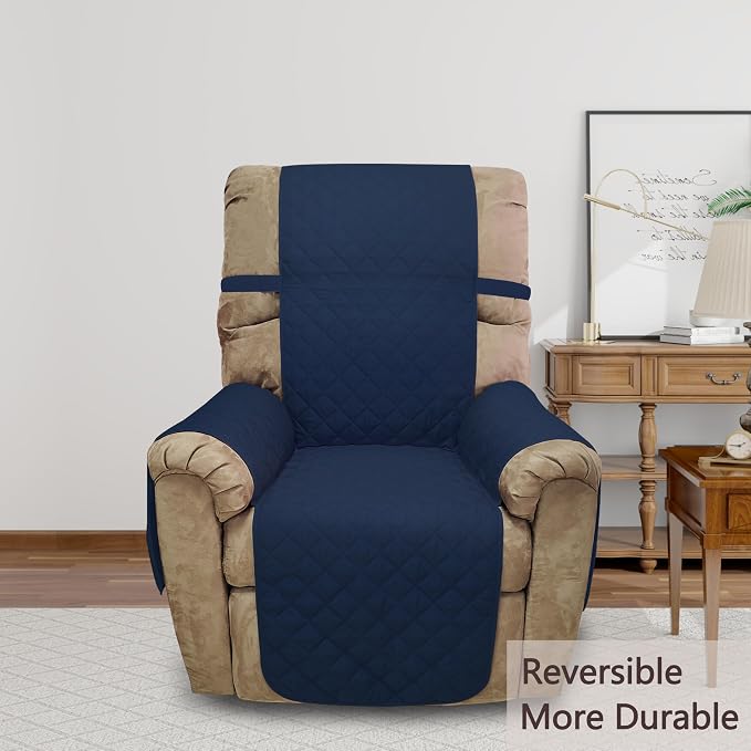 Reversible Chair Covers for Recliner Oversized, Navy/Camel | Recliner Oversized Covers for Living Room with Elastic Straps, Water Repellent, Chair Protectors Covers for Dogs - Image 2