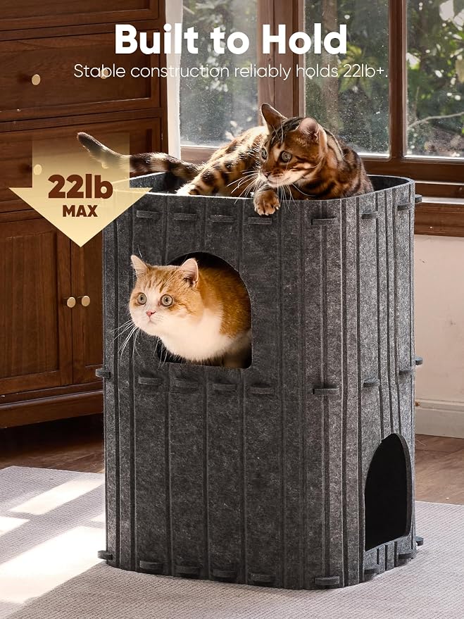 FUKUMARU Cat House for Indoor Cats, Warm Felt Cat Bed, Scratch Resistant | Large Cat Bed Cave, 3-in-1 Cat Condo, Cozy Felt Covered Cats Tunnel, 23.62 Inch Kitten Hideaway for Multicats, Dark Grey - Image 7