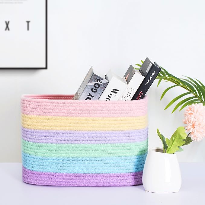 MINTWOOD Design 3-Pack Storage Baskets and Cube Bins for Shelves, Playroom and Classroom, Decorative Woven Closet Organizers for Books, Shoes, and Pantry Items, Pastel Rainbow - Image 2