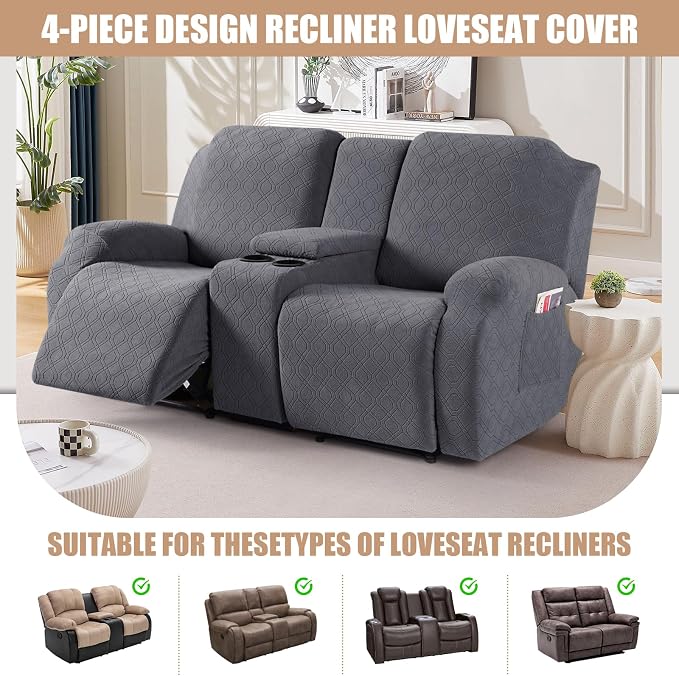 VANSOFY Stretch Recliner Loveseat Cover with Middle Console, Dark Gray | 4-Pieces, Soft Furniture Protector, Washable Slipcover with Pocket, Pets Sofa Cover, High Stretchy fabric Couch Cover - Image 4